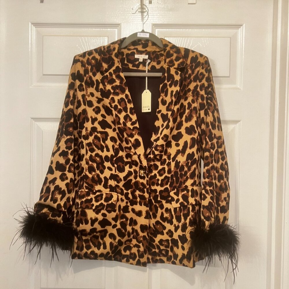 Jodifl NEW Leopard Print Feather Cuff Blazer Jacket Statement Party Style S M L - Picture 2 of 3